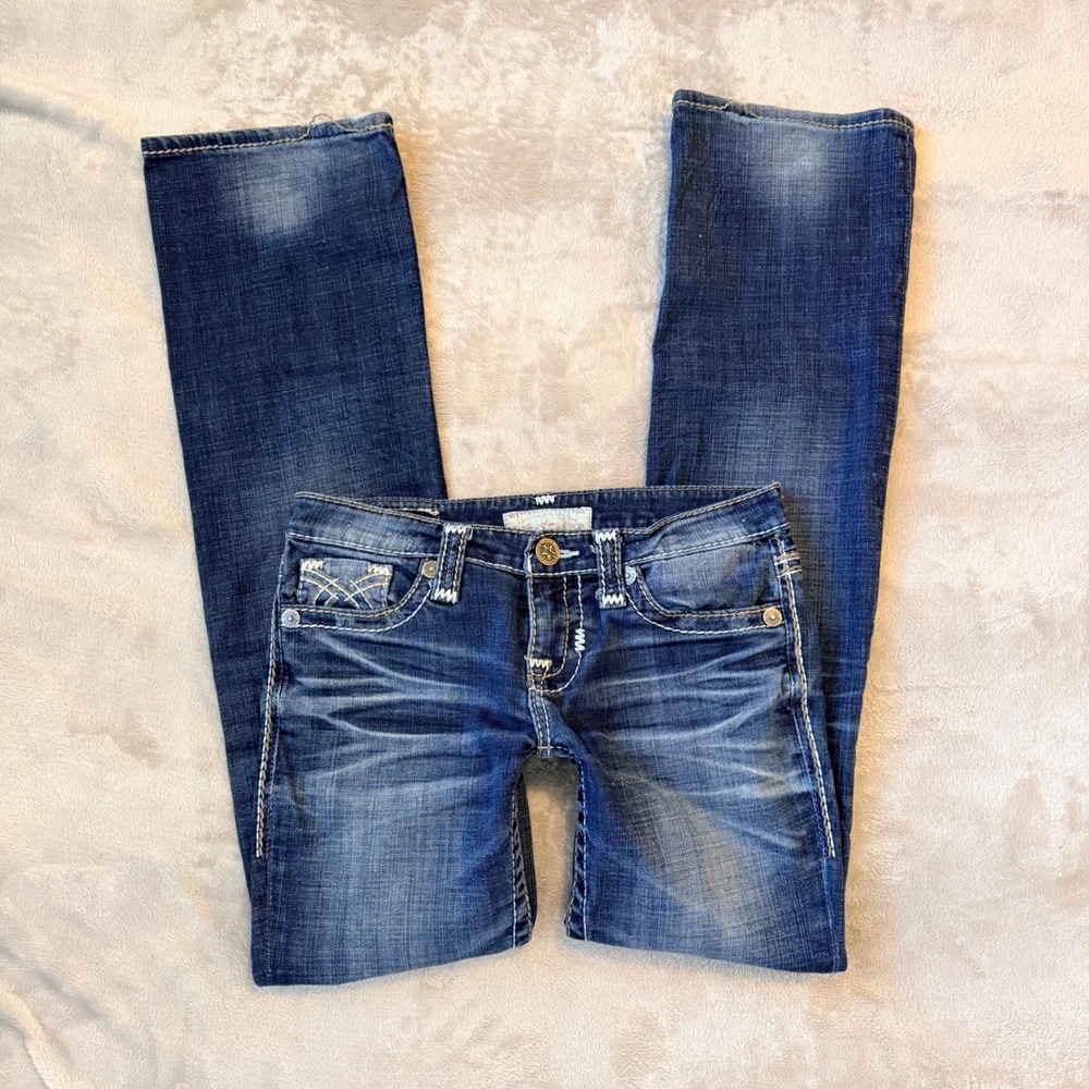 Big Star Liv Bootcut Jeans 26L Dark Wash Rhinestone Horseshoe Y2K Low Rise Slim